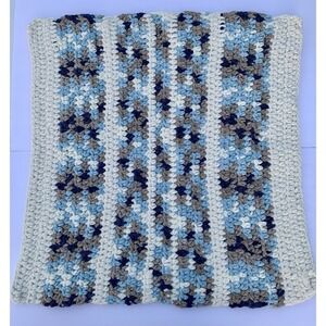 Handmade Crocheted Baby Crib  Blanket Cream Blue Brown Thick 26" X 25"